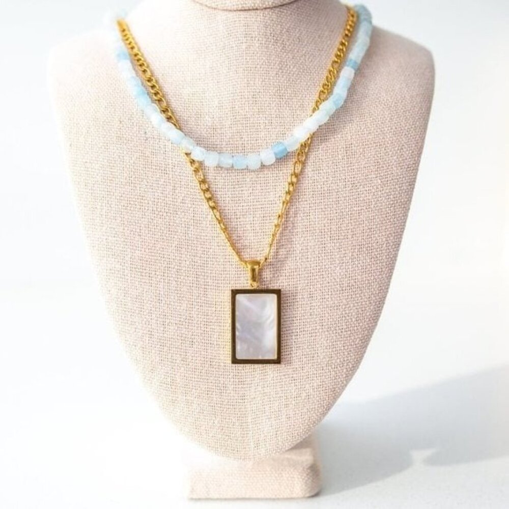 BEAUTIFUL STATEMENT Necklace Mother of Pearl Pendant on 18K Gold Figaro Chain